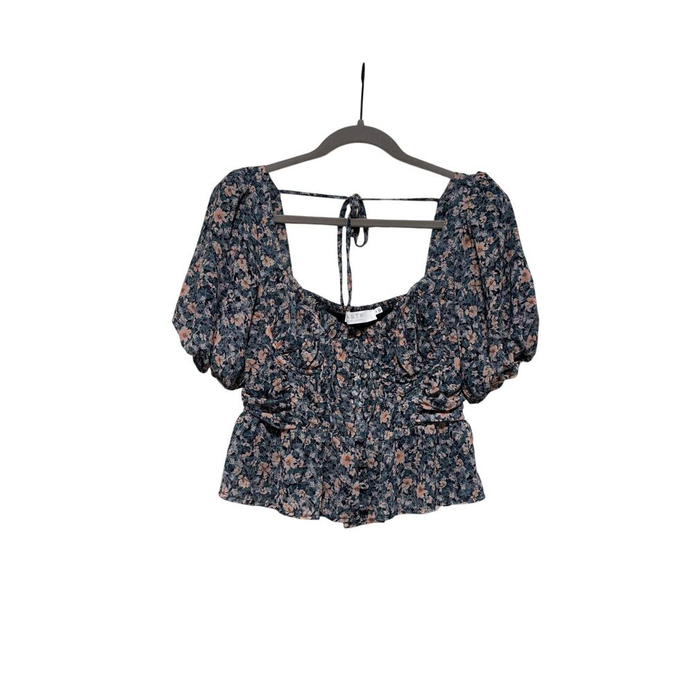 ASTR Floral Puff Sleeve Cropped Button Up Top M - Picture 2 of 8